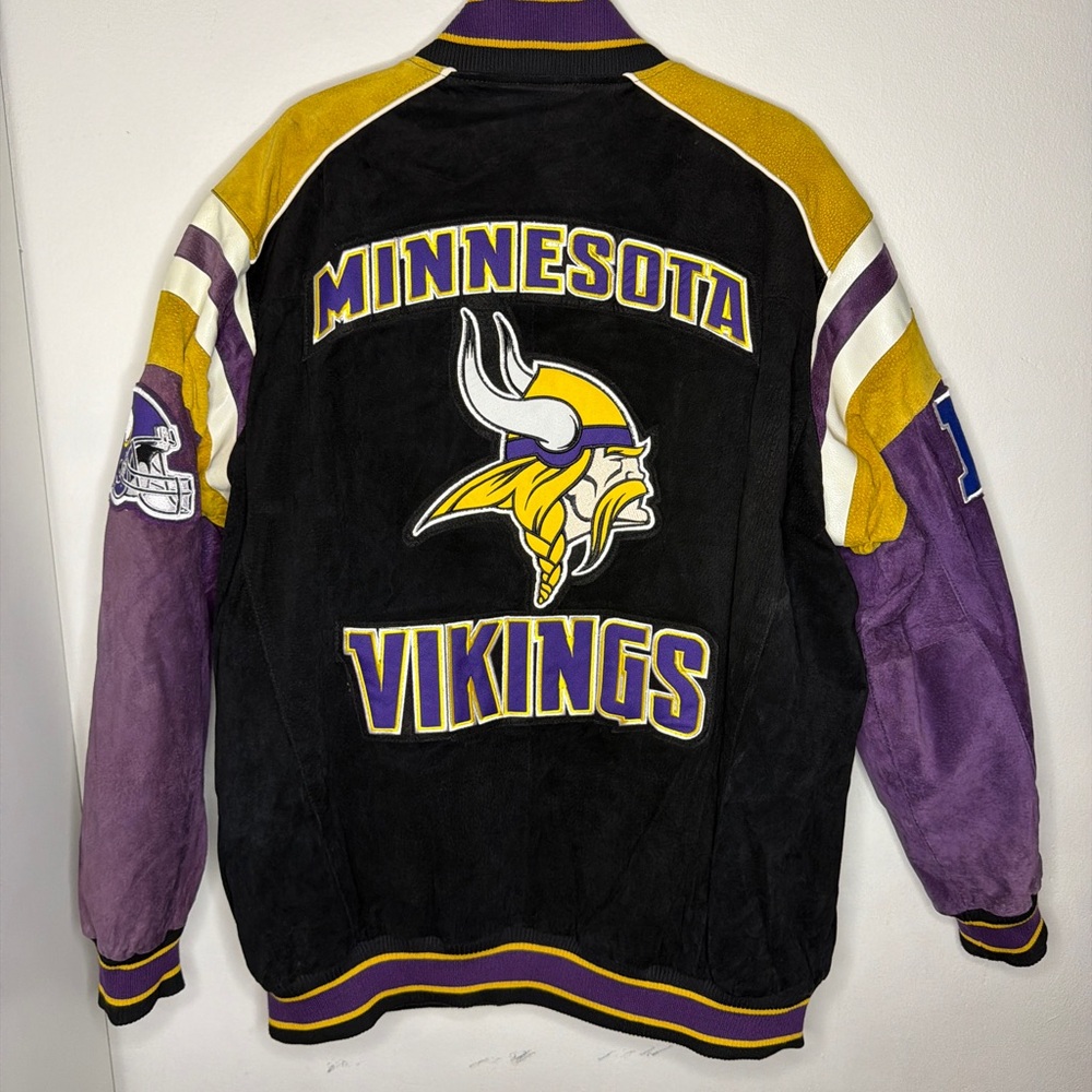 Vintage NFL Vikings Suede Bomber Jacket with Embroidered Patches